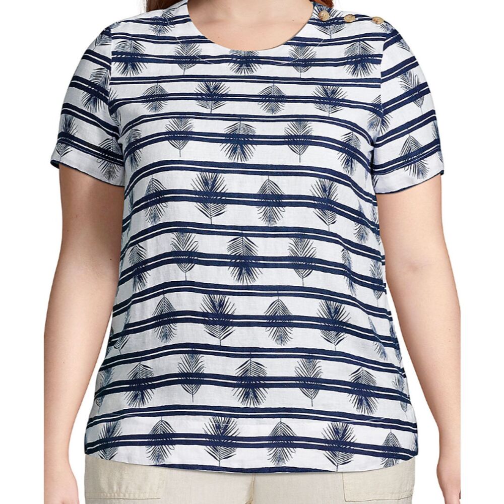 Lands' End Linen Shirt Women Large Tropical Short Sleeve Blouse Blue White Palms